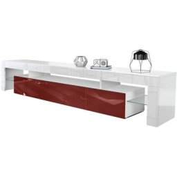 Armoire basse Meuble Table tv Etagère Lima en Blanc mat- haute brillance - Façades en Bordeaux