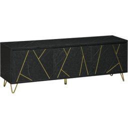 Meuble tv banc tv style art déco - 3 portes, 2 étagères - piètement épingle métal doré mdf aspect