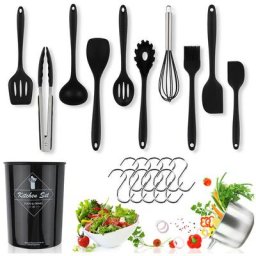 Tolletour - Ustensile de cuisine Silicone cuisine set de 12 outils de la spatule antiadhésive Noir