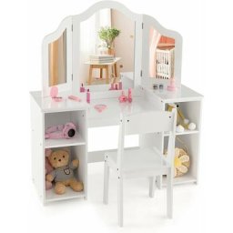 Costway - 2 en 1 Coiffeuse et Chaise Enfants avec Miroir Amovible à Trois Volets, Table de