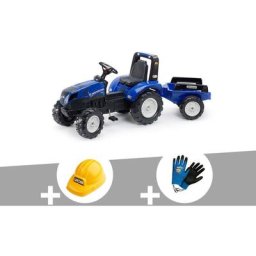 Falk - Tracteur enfant New Holland avec remorque 3 à 7 ans + Casque + Gants