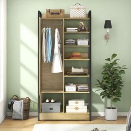 Armoire de rangement penderie,dressing chambre penderie étagère avec miroir et 8 étagères et 1