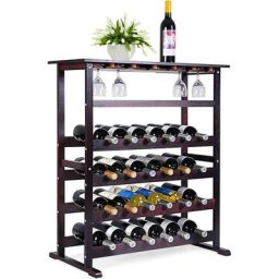 Tagère à Vin Stable en pin Robuste pour 24 Bouteilles avec Porte-Verres pour 18