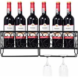 Casier a Vin Mural, Support de Rangement, Porte-Bouteilles Industriel en Metal avec Porte-Verre a