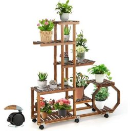 Tagère à Fleurs en Bois à 8 Niveaux, Support de Pots avec 6 Roues Verrouillables Détachables,