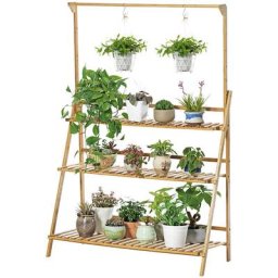 Tagère à Fleurs en Bambou Escalier Echelle Plantes Fleurs Pliable avec Tige Suspendue Decoration