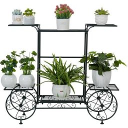 Étagère à Fleurs Fer Forgé - Porte Plantes 83 x 68.5 x 22cm - Echelle Fleurs en Forme de Chariot
