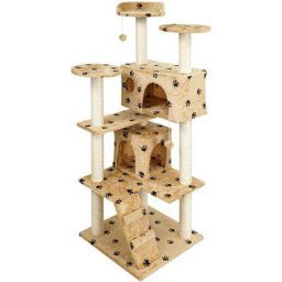 Fudajo - Arbre à chat beige à dessins de pattes 130cm Arbre d'escalade Arbre de grattage Jeu Chats
