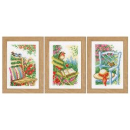 Tableaux à broder ""beau jardin"", 8 x 12 cm, set de 3 pièces