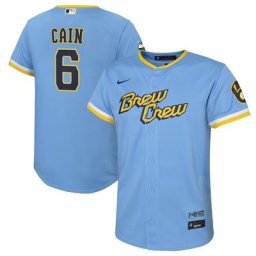 Maillot Nike Lorenzo Cain Powder Blue Milwaukee Brewers 2022 City Connect Replica Player pour Jeune