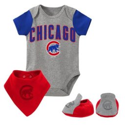Ensemble bavoir et bottillon trois pièces Chicago Cubs gris chiné pour nouveau-né et nourrisson