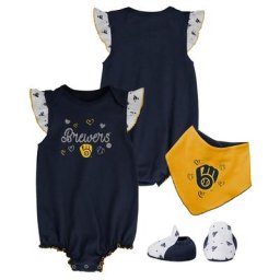 Ensemble bavoir et chaussons pour nouveau-nés et bébés Milwaukee Brewers bleu marine 3 pièces