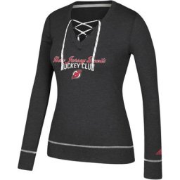 T-shirt à col en V à lacets et à manches longues adidas Devils du New Jersey noir chiné pour femme