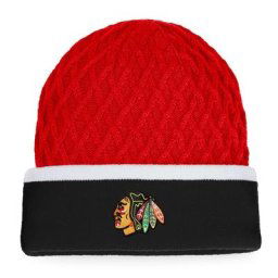 Bonnet en tricot rayé à revers emblématique Chicago Blackhawks de marque Fanatics pour homme, noir/rouge