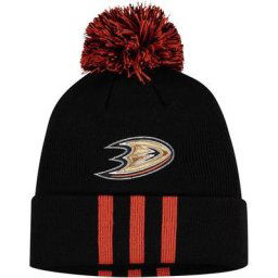 Bonnet en tricot à revers à trois bandes adidas Anaheim Ducks pour homme avec pompon noir