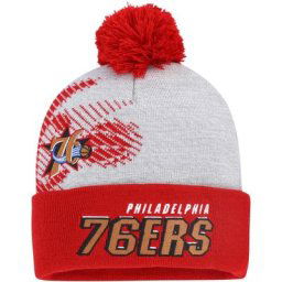 Mitchell & Ness pour homme gris/rouge Philadelphia 76ers Hardwood Classics Bonnet en tricot à revers avec pompon