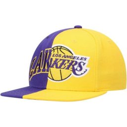 Casquette pour homme Mitchell & Ness pourpre/or Los Angeles Lakers Half and Half Snapback