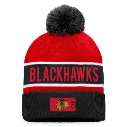 Bonnet en tricot à revers avec pompon Chicago Blackhawks Authentic Pro Rink de marque Fanatics pour homme, noir/rouge