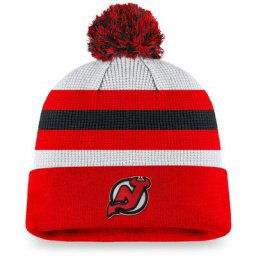 Bonnet en tricot à revers New Jersey Devils Authentic Pro Draft avec pompon de marque Fanatics pour homme, blanc/rouge