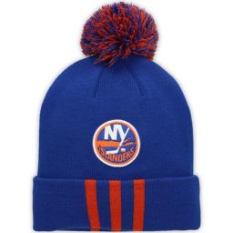 Bonnet en tricot à revers à trois bandes adidas Royal New York Islanders pour homme avec pompon