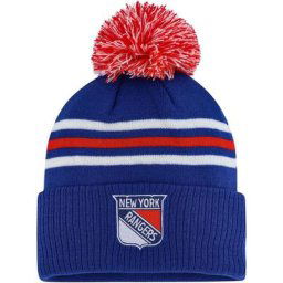Bonnet en tricot à revers rayé adidas New York Rangers Team Classics pour homme avec pompon - Bleu