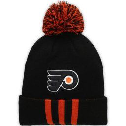 Bonnet en tricot à revers à trois rayures adidas Philadelphia Flyers pour homme avec pompon noir