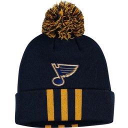 Bonnet en tricot à revers à trois bandes adidas St. Louis Blues bleu marine pour homme avec pompon