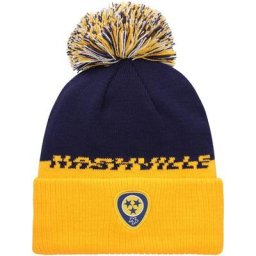 Bonnet adidas Nashville Predators COLD.RDY bleu marine/jaune pour hommes en tricot à revers avec pompon