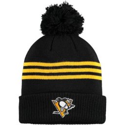 Tuque en tricot à revers à trois rayures et pompon adidas Penguins de Pittsburgh pour homme, noir