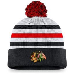 Bonnet en tricot à revers Chicago Blackhawks Authentic Pro Draft avec pompon de marque Fanatics pour homme, blanc/noir