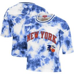 T-shirt court teint par nœuds New York Knicks Hardwood Classics Mitchell & Ness pour femme, bleu/blanc