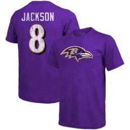 Majestic Threads Lamar Jackson Purple T-shirt à trois mélanges avec nom et numéro des Ravens de Baltimore