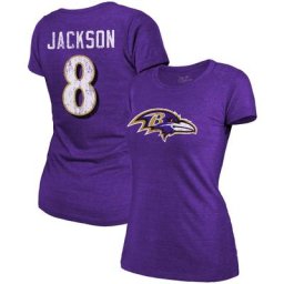 Majestic Threads Lamar Jackson Violet T-shirt à trois mélanges avec nom et numéro des Ravens de Baltimore