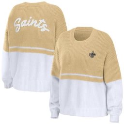 Pull pour femme WEAR by Erin Andrews doré/blanc New Orleans Saints avec gros mots et inscriptions manuscrites