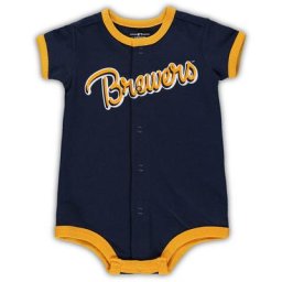 Barboteuse Power Hitter à rayures Milwaukee Brewers bleu marine pour nouveau-né et bébé