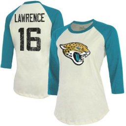 T-shirt ajusté à manches 3/4 du joueur des Jaguars de Jacksonville pour femme de marque Fanatics crème/bleu sarcelle avec nom et numéro raglan