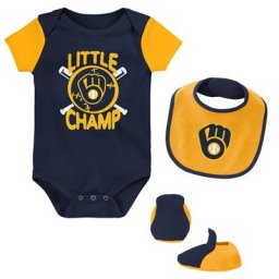 Lot de trois bavoirs et chaussons pour nouveau-nés et bébés Milwaukee Brewers Little Champ bleu marine/doré