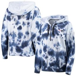 Chandail à capuchon surdimensionné à demi-glissière tie-dye DKNY Sport pour femme, blanc/bleu marine New England Patriots Dakota