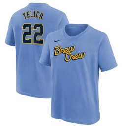 T-shirt Nike Christian Yelich Powder Blue Milwaukee Brewers 2022 City Connect pour enfant avec nom et numéro
