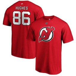 T-shirt avec nom et numéro authentique Stack des Devils du New Jersey pour homme Jack Hughes de marque Fanatics rouge