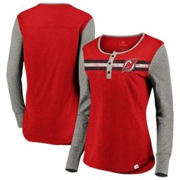 T-shirt à manches longues rayé Henley Devils du New Jersey rouge Fanatics Branded pour femme