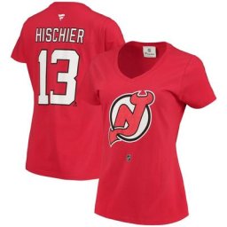 T-shirt à encolure en V et logo avec nom et numéro des Devils du New Jersey Fanatics Branded Nico Hischier pour femme, rouge