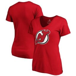 T-shirt à col en V avec logo principal de l'équipe des Devils du New Jersey de marque Fanatics rouge pour femme