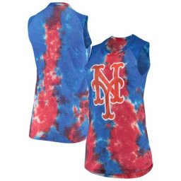 Débardeur Majestic Threads rouge/bleu New York Mets Tie-Dye Tri-Blend Muscle pour femme