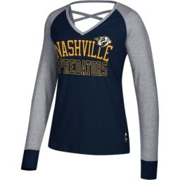 T-shirt à manches longues contrasté adidas Nashville Predators bleu marine pour femme