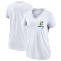 T-shirt à col en V tri-mélange City Connect Boston Red Sox pour femme Nike, blanc