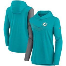 T-shirt à manches longues Performance Nike Aqua/Heathered Charcoal Miami Dolphins Chevron Hoodie pour femme