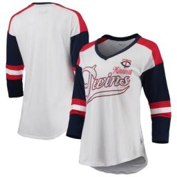T-shirt à col en V à manches 3/4 Touch Minnesota Twins Base Runner pour femme, blanc/rouge