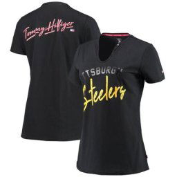 T-shirt Tommy Hilfiger Pittsburgh Steelers Riley noir à encolure en V pour femme