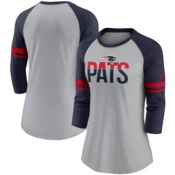 T-shirt à manches 3/4 Nike New England Patriots Stripe Mesh Nickname Tri-Blend pour femme, gris chiné/bleu marine
